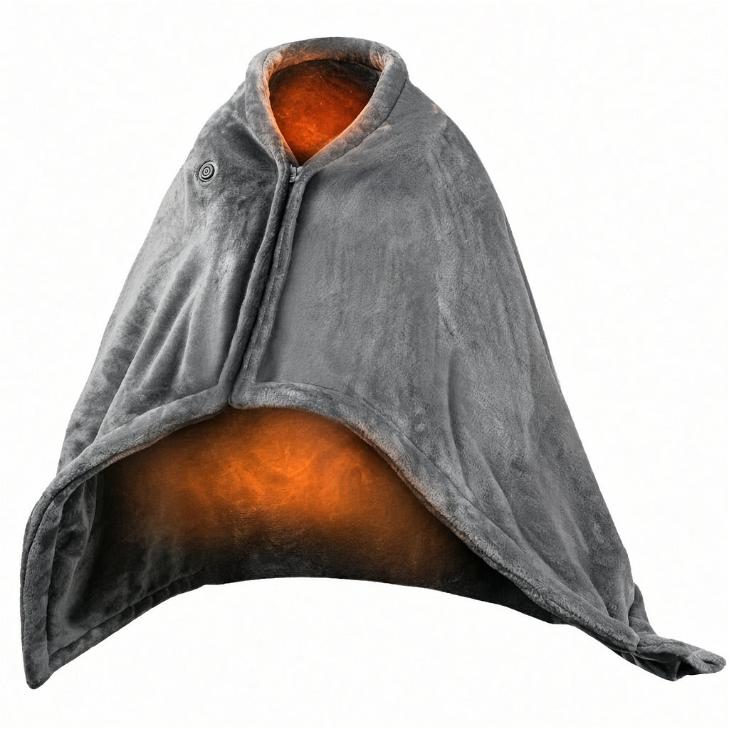 Hearthwrap heated poncho in grey with heating glow, front view