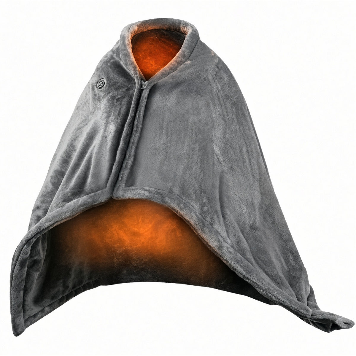 Hearthwrap heated poncho in grey with heating glow, front view
